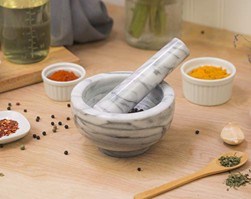 HIC Kitchen Mortar and Pestle Spice Herb Grinder Pill Crusher Set, Solid Fine-Quality Carrara Marble