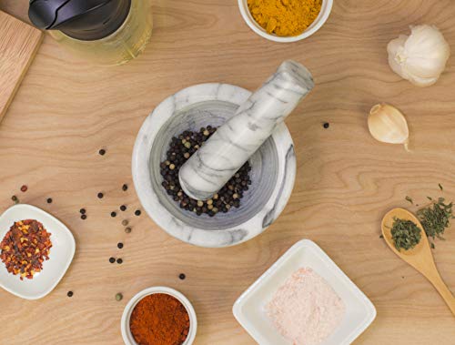 HIC Kitchen Mortar and Pestle Spice Herb Grinder Pill Crusher Set, Solid Fine-Quality Carrara Marble