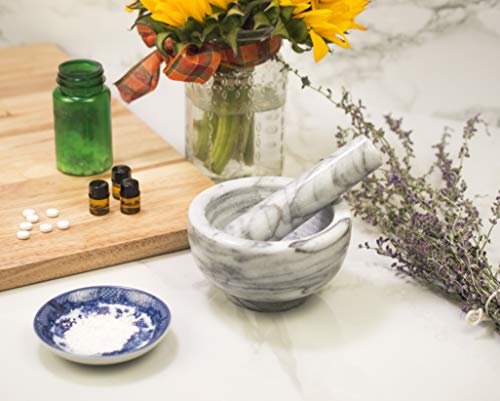 HIC Kitchen Mortar and Pestle Spice Herb Grinder Pill Crusher Set, Solid Fine-Quality Carrara Marble