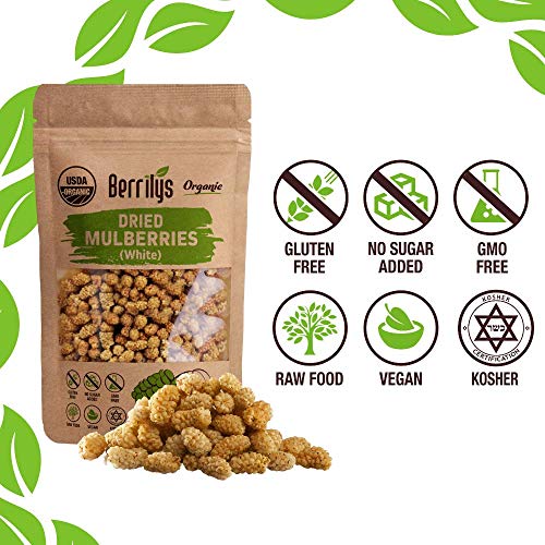 Organic White Dried Mulberries, Non-GMO, Unsulfured, Superfood, 10oz
