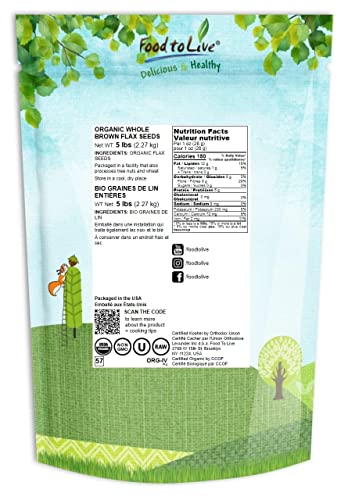 Organic Raw Flax Seeds, 5 lbs. Non-GMO, Kosher. Omega-3