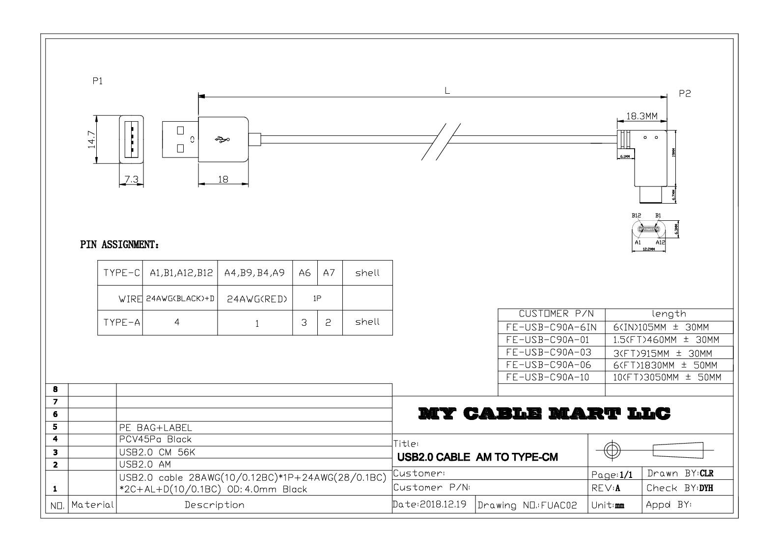 90 Degree USB-C to Type-A Cable, Black