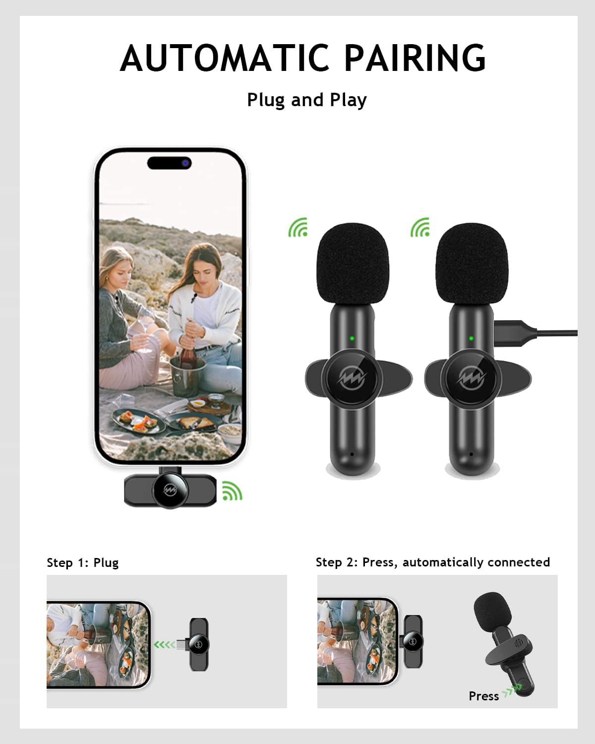 Wireless USB-C Lavalier Mic with Adapter & Lightning Port