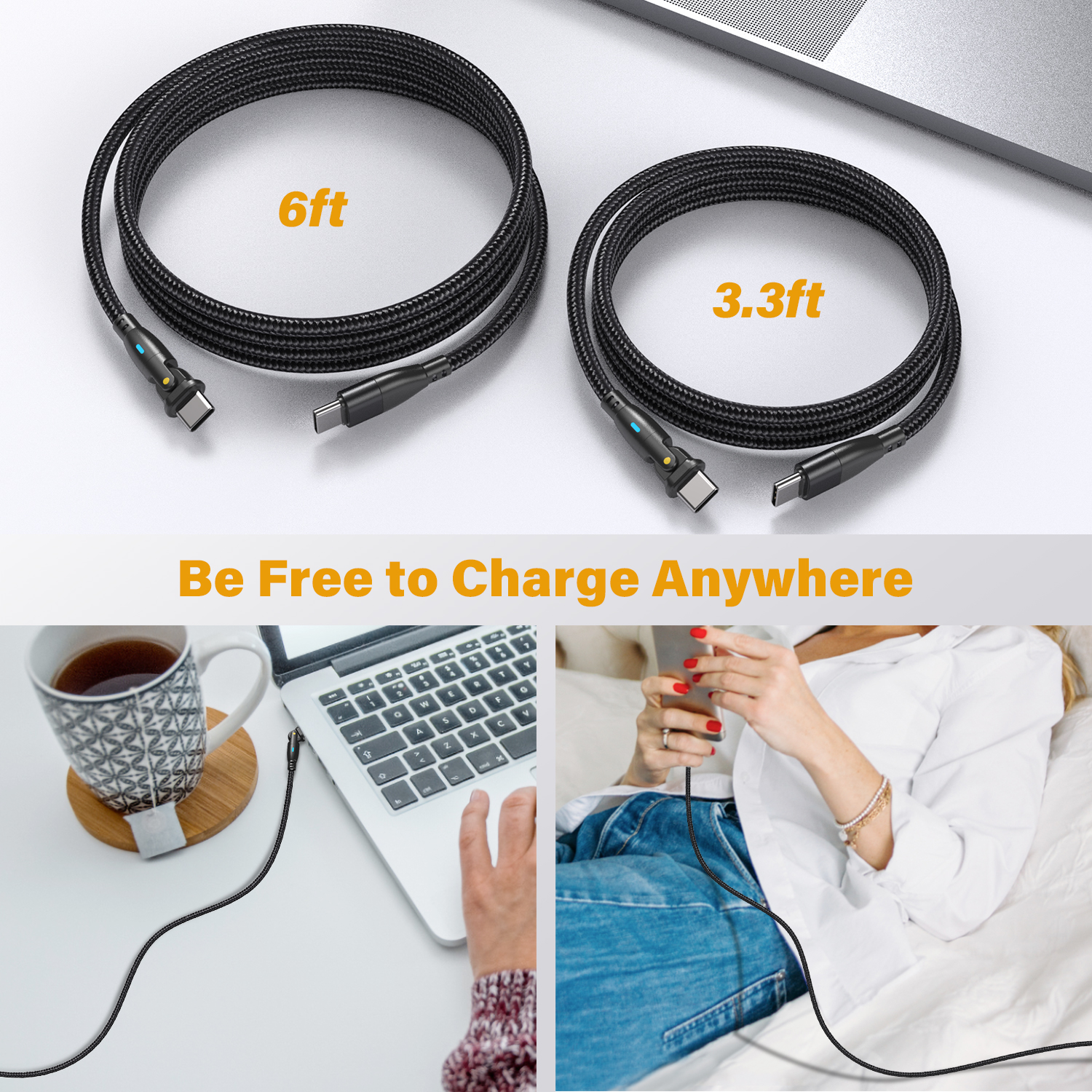 AUFU 100W USB-C Cable 2-Pack, 3.3ft/6ft