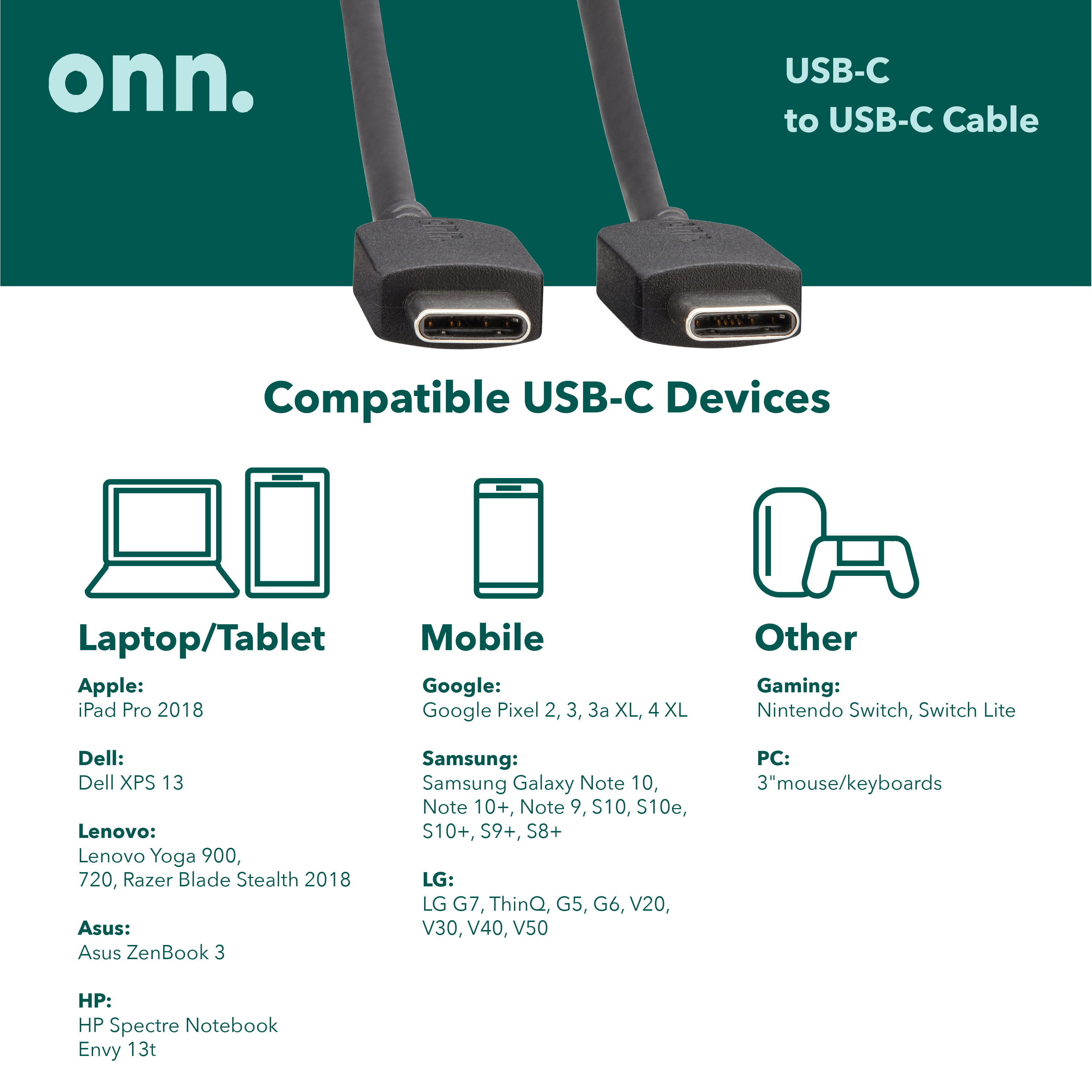 onn. 6' USB-C to C Cable, White