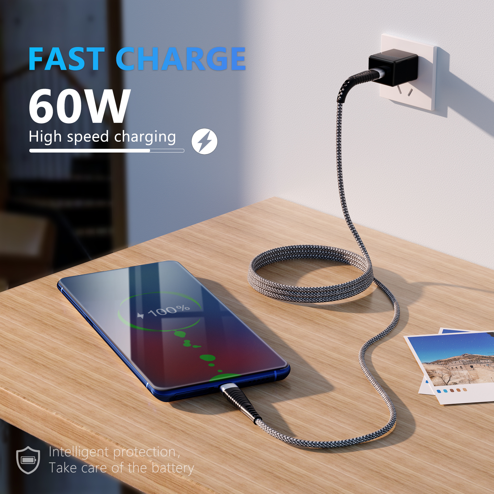 Fast Charging USB-C Cable 2-Pack, 3ft