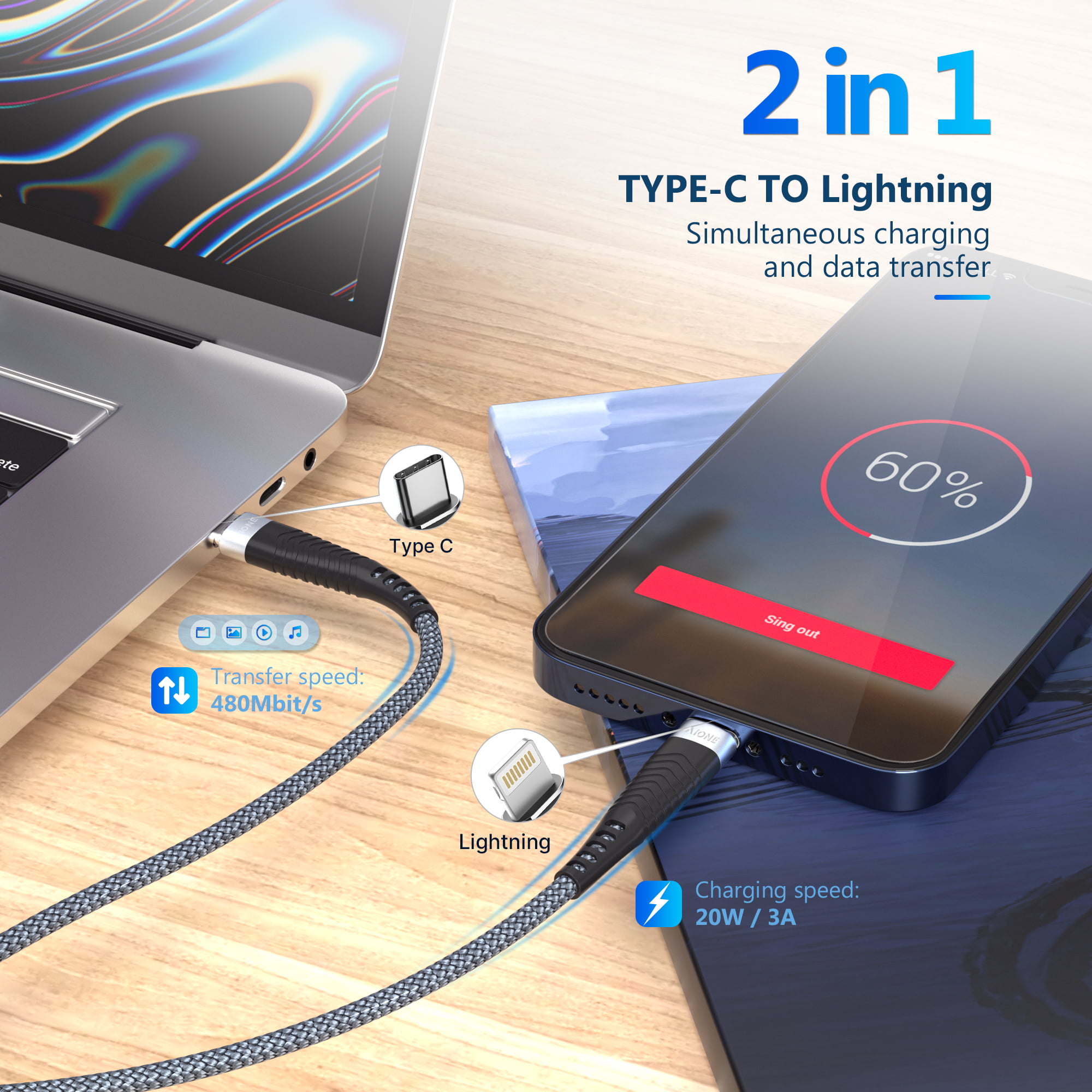 USB-C Lightning Cable for iPhone - 2 Pack