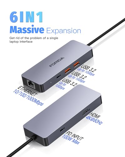 FORIDA 6-in-1 USB-C Ethernet Multiport Hub
