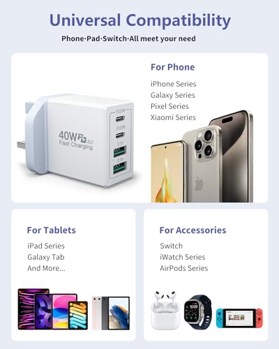 40W 4-Port USB-C Fast Charger Adapter UK