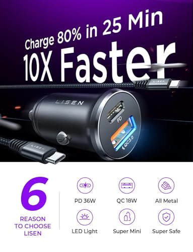 54W USB-C Car Charger with 3.3ft Cable