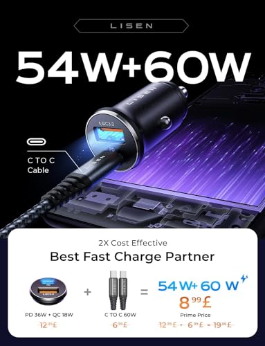 54W USB-C Car Charger with 3.3ft Cable