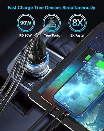 90W USB-C Car Charger with 3 Ports