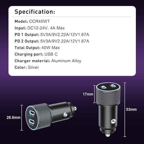 40W Dual USB-C Fast Car Charger & Cable