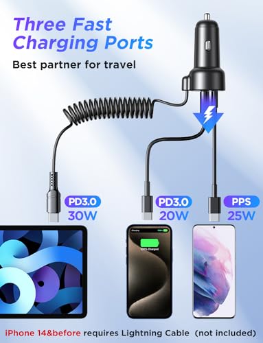 60W USB-C Car Charger with 5ft Coiled Cable