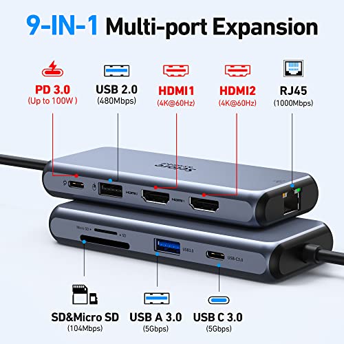Dual HDMI USB-C Docking Station with 9 Ports