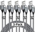 5-Pack USB A to USB C Fast Charging Cables