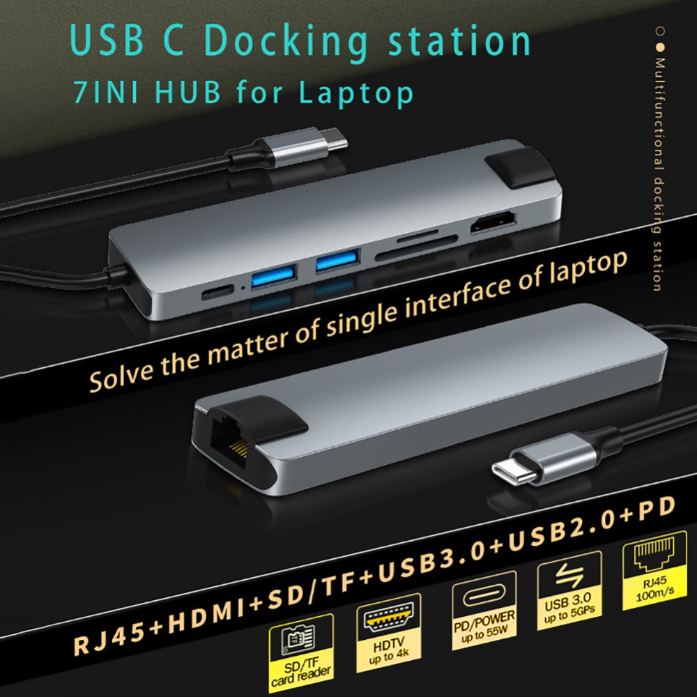 7 in 1 USB-C Hub with HDMI-Compatible Adapter