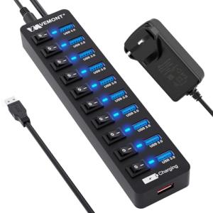 10-Port USB Hub with Smart Charging and Switches