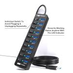 10-Port USB Hub with Smart Charging and Switches