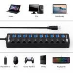 10-Port USB Hub with Smart Charging and Switches