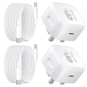 40W Fast USB-C Charger with 3M Cable, 2-Pack