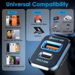 38W Dual Port USB-C Car Charger 20W PD + 18W QC3.0