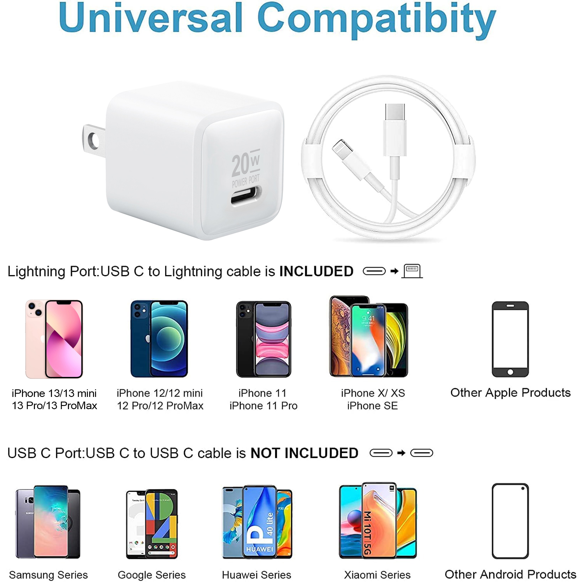 2 Pack 20W PD USB-C Charger + Cables