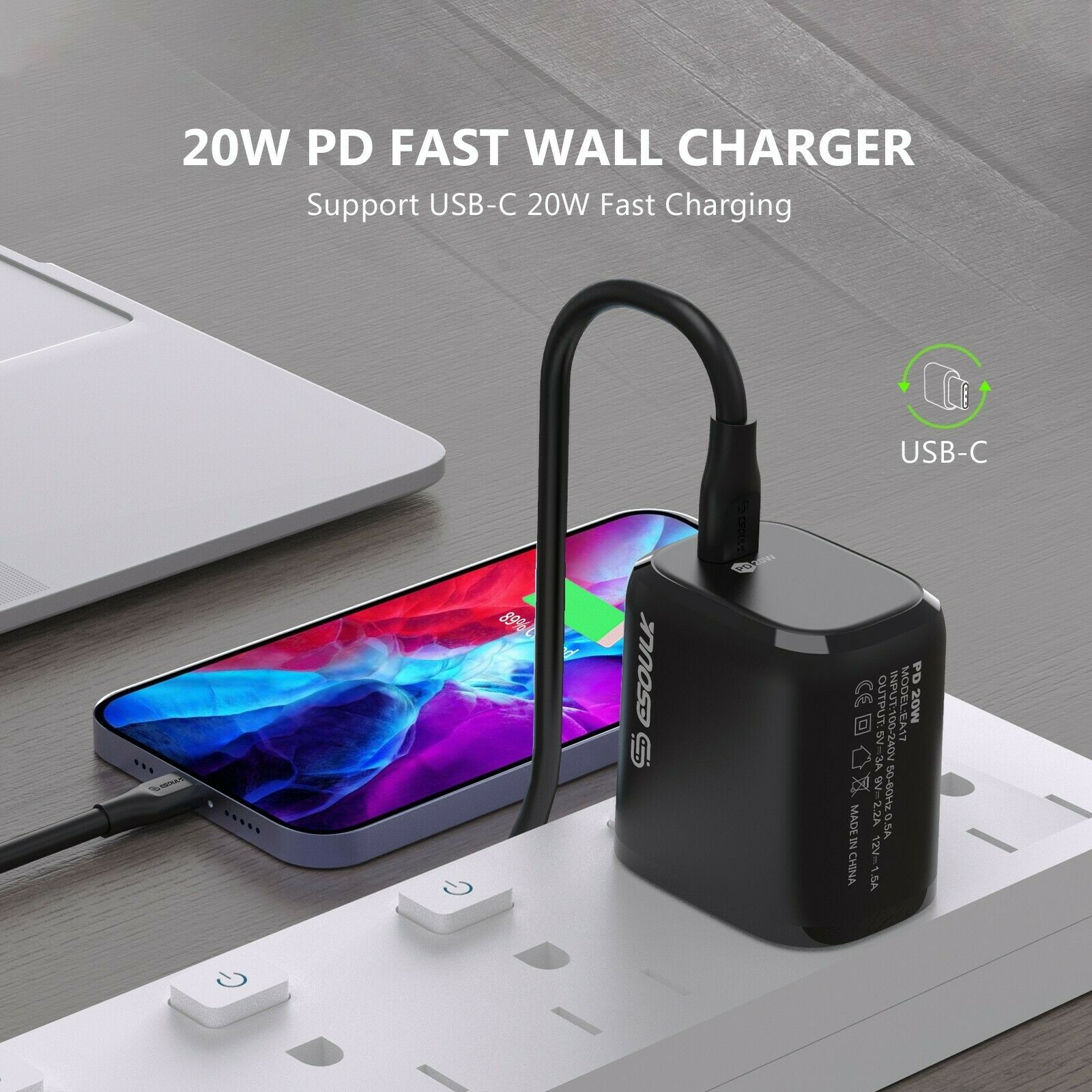 Compact 20W USB-C Wall Charger - Black