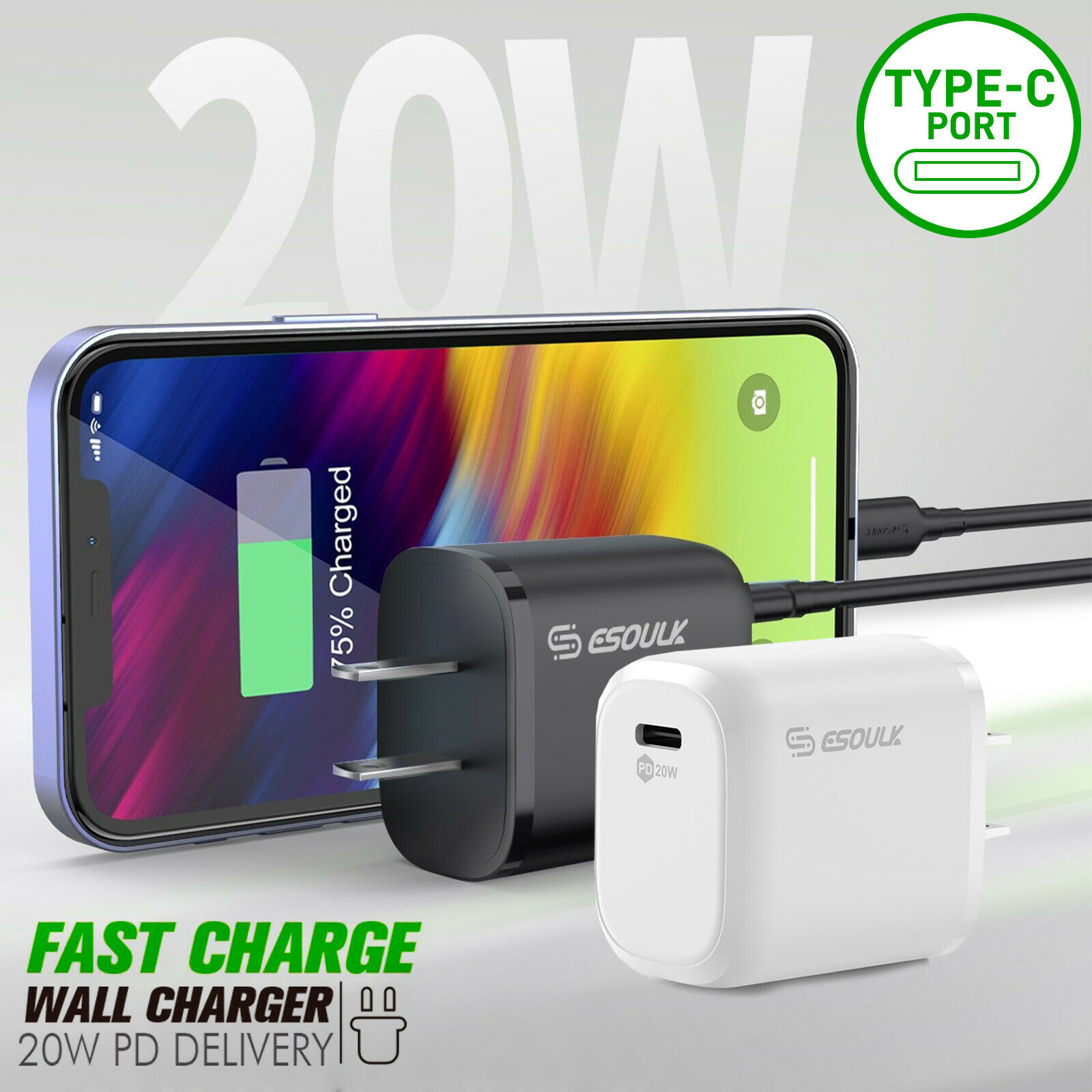Compact 20W USB-C Wall Charger - Black
