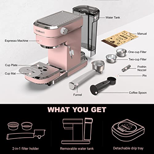 Laekerrt Professional Espresso Machine 20 Bar, Espresso Maker with Milk Frother Steam Wand, Stainless Steel Home Coffee Machines for Cappuccino and Latte, Gift for Women Wife Daughter or Mom, Pink