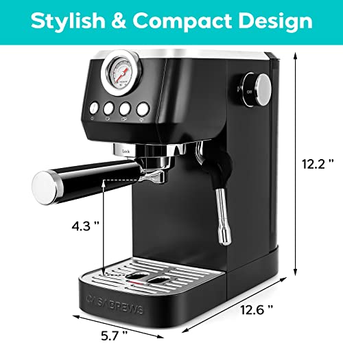 CASABREWS Espresso Coffee Machine With Steamer, 20 Bar Compact Espresso Machine, Stainless Steel Cappuccino and Latte Machine With 43.9 oz Removable Water Tank, Black