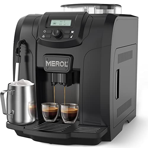 MEROL Automatic Espresso Coffee Machine, 19 Bar Barista Pump Coffee Maker with Grinder and Manual Milk Frother Steam Wand for Cappuccino Latte Macchiato, Black, Pefect Gift