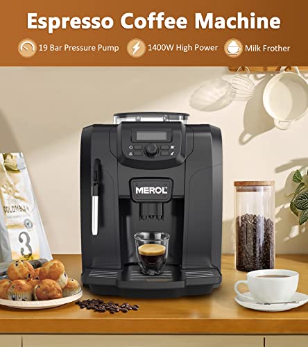 MEROL Automatic Espresso Coffee Machine, 19 Bar Barista Pump Coffee Maker with Grinder and Manual Milk Frother Steam Wand for Cappuccino Latte Macchiato, Black, Pefect Gift