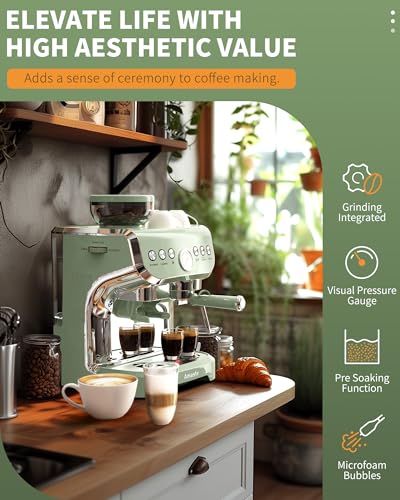 Amaste Espresso Machine with Grinder, 15 Bar Espresso Machine with Steam Wand for Latte and Cappuccino, 68Oz Water Tank, Pre-Infuse Brewing, Espresso Coffee Maker for Home Use, Barista Kit, Green