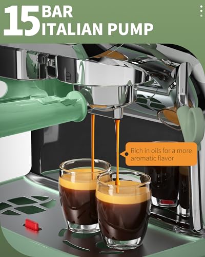 Amaste Espresso Machine with Grinder, 15 Bar Espresso Machine with Steam Wand for Latte and Cappuccino, 68Oz Water Tank, Pre-Infuse Brewing, Espresso Coffee Maker for Home Use, Barista Kit, Green