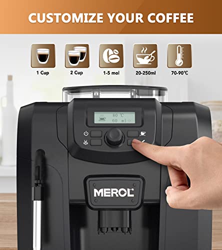 MEROL Automatic Espresso Coffee Machine, 19 Bar Barista Pump Coffee Maker with Grinder and Manual Milk Frother Steam Wand for Cappuccino Latte Macchiato, Black, Pefect Gift