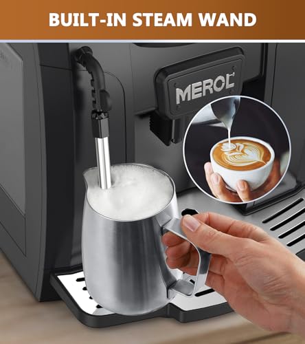 MEROL Automatic Espresso Coffee Machine, 19 Bar Barista Pump Coffee Maker with Grinder and Manual Milk Frother Steam Wand for Cappuccino Latte Macchiato, Black, Pefect Gift