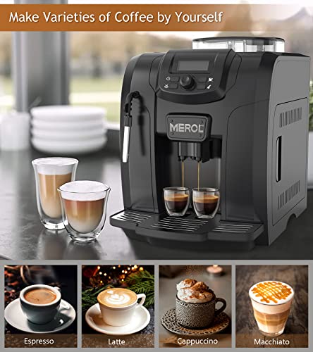 MEROL Automatic Espresso Coffee Machine, 19 Bar Barista Pump Coffee Maker with Grinder and Manual Milk Frother Steam Wand for Cappuccino Latte Macchiato, Black, Pefect Gift