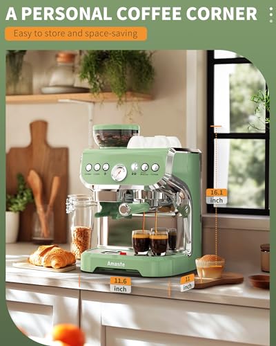 Amaste Espresso Machine with Grinder, 15 Bar Espresso Machine with Steam Wand for Latte and Cappuccino, 68Oz Water Tank, Pre-Infuse Brewing, Espresso Coffee Maker for Home Use, Barista Kit, Green