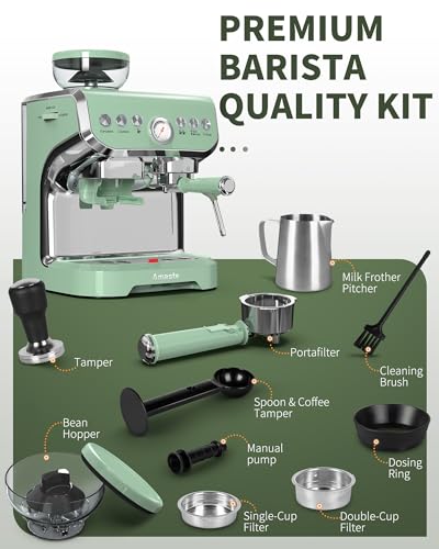 Amaste Espresso Machine with Grinder, 15 Bar Espresso Machine with Steam Wand for Latte and Cappuccino, 68Oz Water Tank, Pre-Infuse Brewing, Espresso Coffee Maker for Home Use, Barista Kit, Green