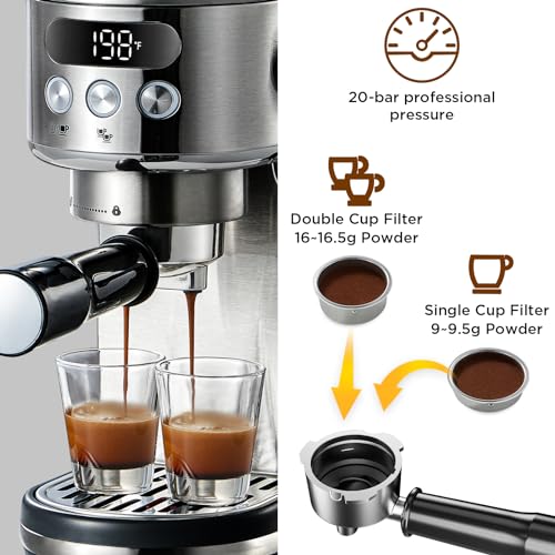 Neretva 20 Bar Espresso Machine with Milk Frothing Steam Wand 44oz Detachable Water Tank For Home Barista 1350W Professional Coffee Machine Espresso Latte and Cappuccino Maker