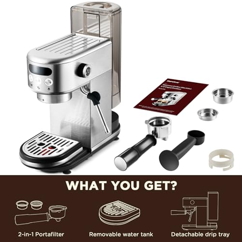 Neretva 20 Bar Espresso Machine with Milk Frothing Steam Wand 44oz Detachable Water Tank For Home Barista 1350W Professional Coffee Machine Espresso Latte and Cappuccino Maker