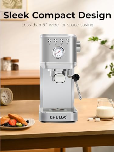 CHULUX Kompatto Espresso Machine 20 Bar with Milk Frother, Stainless Steel Automatic Espresso Coffee Machine for Home Latte & Cappuccino Maker, 40oz Removable Water Tank, 1350W
