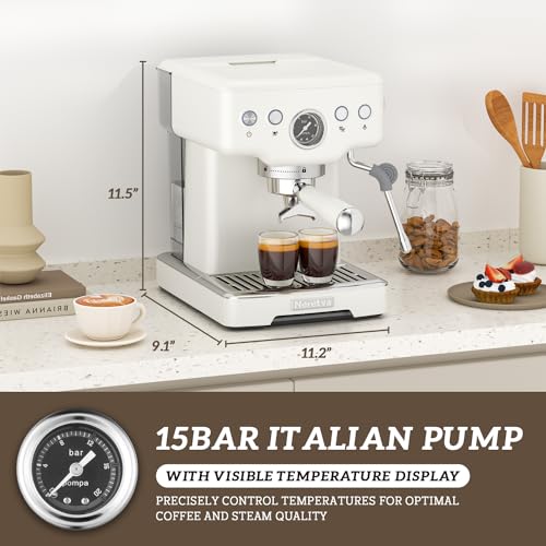 Neretva 15 Bar Espresso Machine with Milk Frother Steam Wand for Cappuccino, Latte, Macchiato, 1450W Professional Coffee Machine 1.8L Removable Water Tank For Home Barista (White)