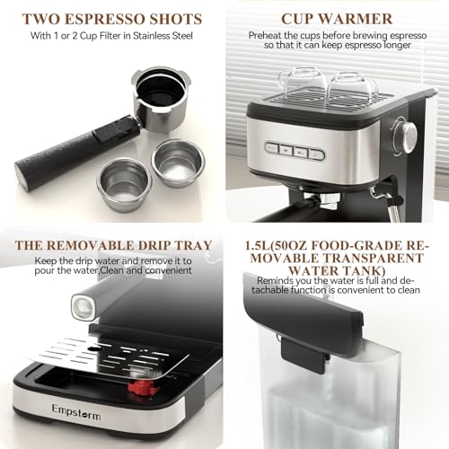 Empstorm 20 Bar Espresso Machine, Cappuccino Machines with Milk Frother Steam Wand, Latte Machine for Home&Barista, 50oz Removable Water Tank, Automatic Shut-off Function (Espresso Machine)