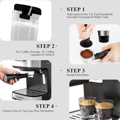 Empstorm 20 Bar Espresso Machine, Cappuccino Machines with Milk Frother Steam Wand, Latte Machine for Home&Barista, 50oz Removable Water Tank, Automatic Shut-off Function (Espresso Machine)