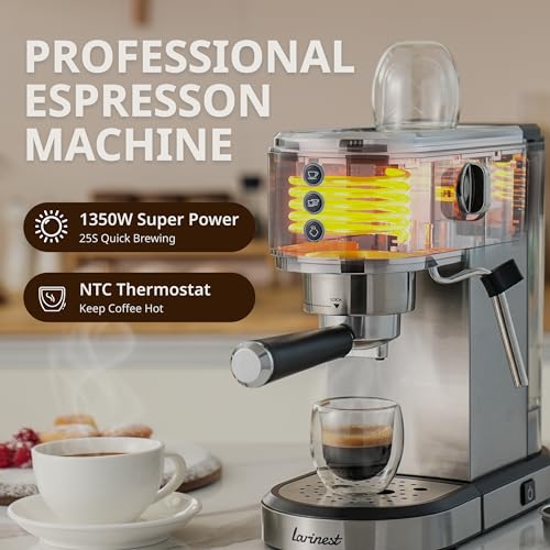 Larinest Espresso Machine with Milk Frother,Stainless Steel Espresso Maker, 20 Bar Espressoe Machine with 41oz Removable Water Tank,Small Espresso Machines for Latte,Cappuccino,1350W