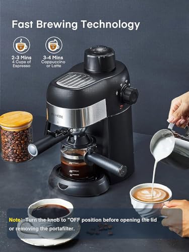 FOHERE Steam Espresso Machine, 3.5 Bar 4 Cup, Professional Compact Espresso and Cappuccino Maker with Milk Frother and Carafe for Coffee, Latte and Mocha