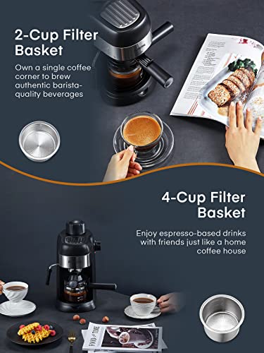 FOHERE Steam Espresso Machine, 3.5 Bar 4 Cup, Professional Compact Espresso and Cappuccino Maker with Milk Frother and Carafe for Coffee, Latte and Mocha