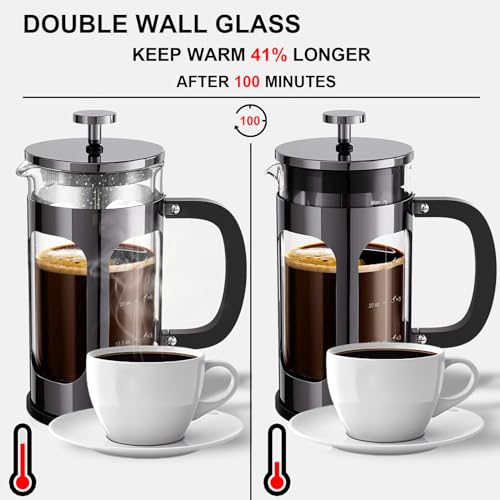 Veken French Press Plunger Coffee Maker Cafetière, Double Wall Heat Resistant Borosilicate Glass Coffee Press,Cold Brew Coffee Pot for Kitchen and Gifts, Dishwasher Safe, Dark Pewter (27 Ounce/800 ml)
